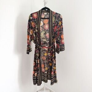 Handprint Floral Kimono Robe One Size 100% Cotton Beach Resort‎ Tropical Boho